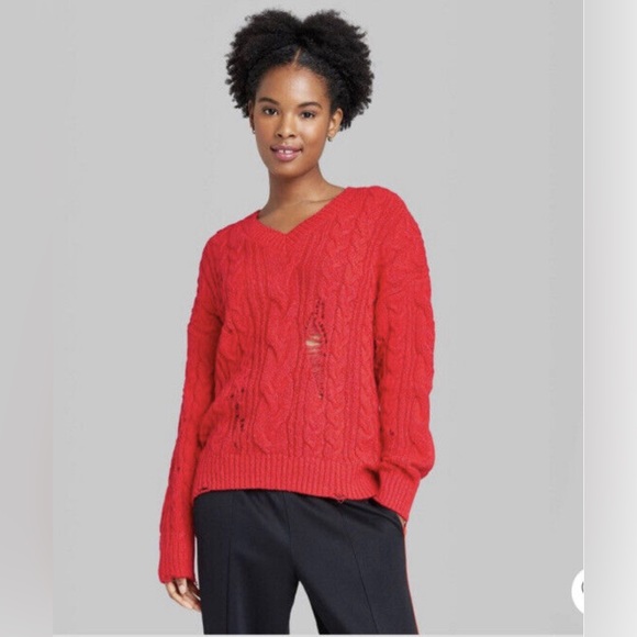 Women's V-Neck Destructed Pullover Cable Knit Sweater - Wild Fable Red XS - Picture 1 of 11